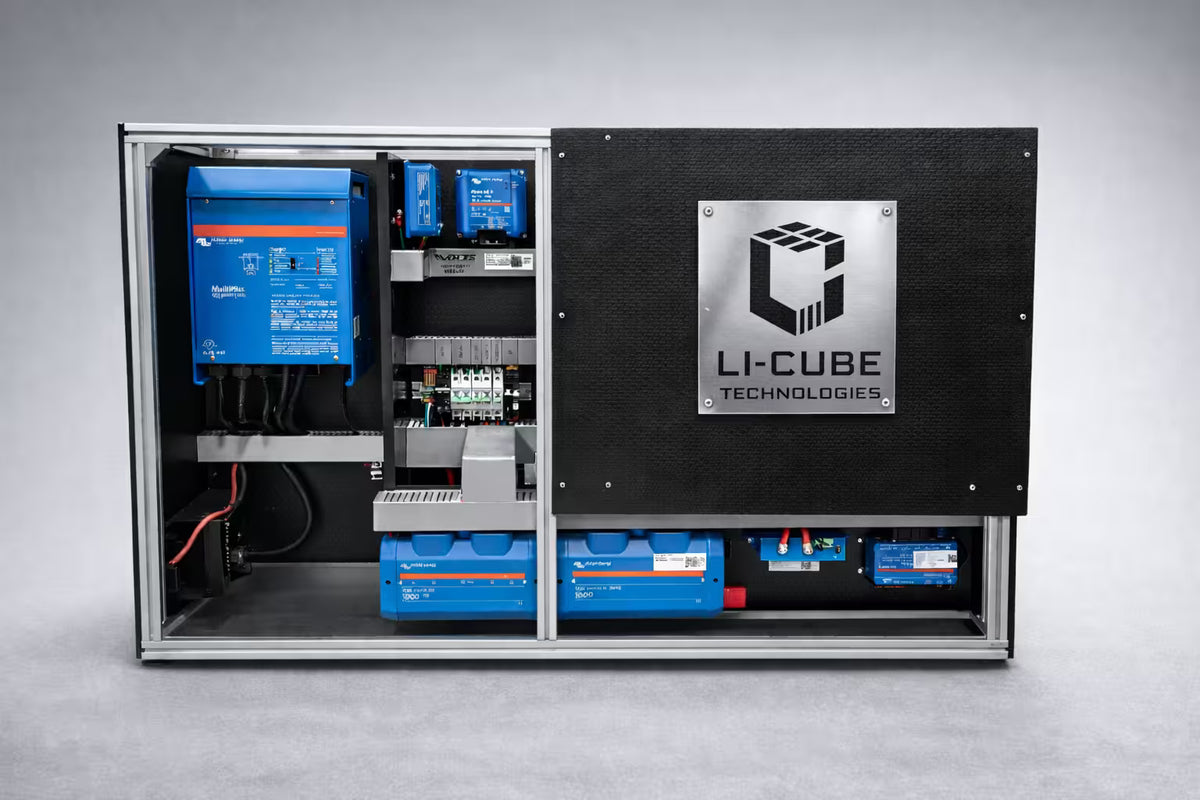 A large open-frame industrial battery storage system with a black textured front panel featuring a silver 'LI-CUBE TECHNOLOGIES' logo. The left side is open to reveal internal components including blue inverters, relays, and battery units, all housed in a silver metal frame against a neutral gray studio background.